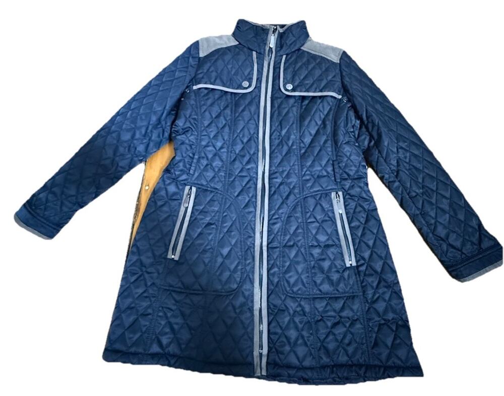 VINCE CAMUTO Women’s Navy Quilted Zip Up MIDI Jacket Coat Elbow Patches Size LG